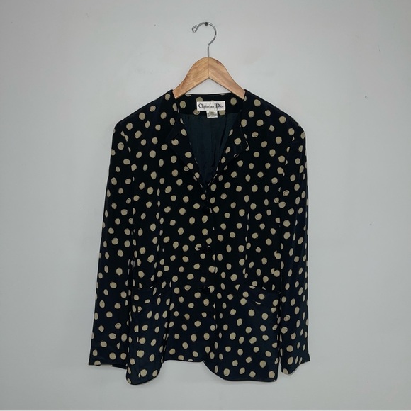 Christian Dior Vintage Silk Blazer Jacket Women's Size 8 Black Tan Polka Dot Top - Picture 5 of 12